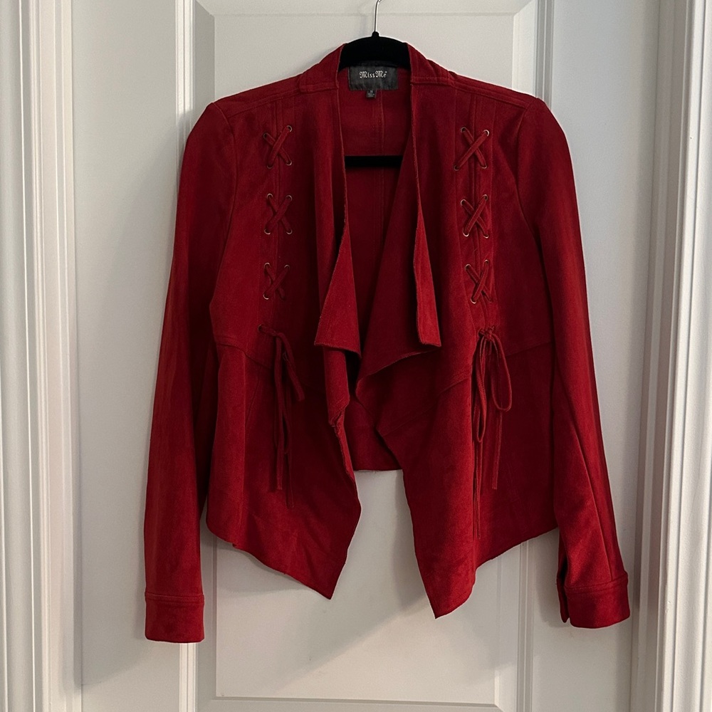 Miss Me Burnt Orange/Red Women's Faux Suede Drape Jacket with Lace-Up Design